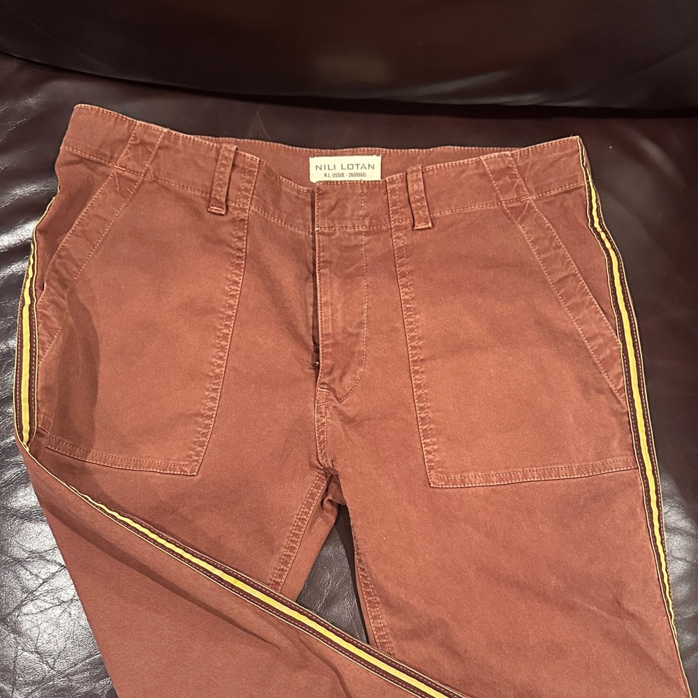 Nili Lotan Women's Cropped Jeans in Rust Brown with Yellow Stripe